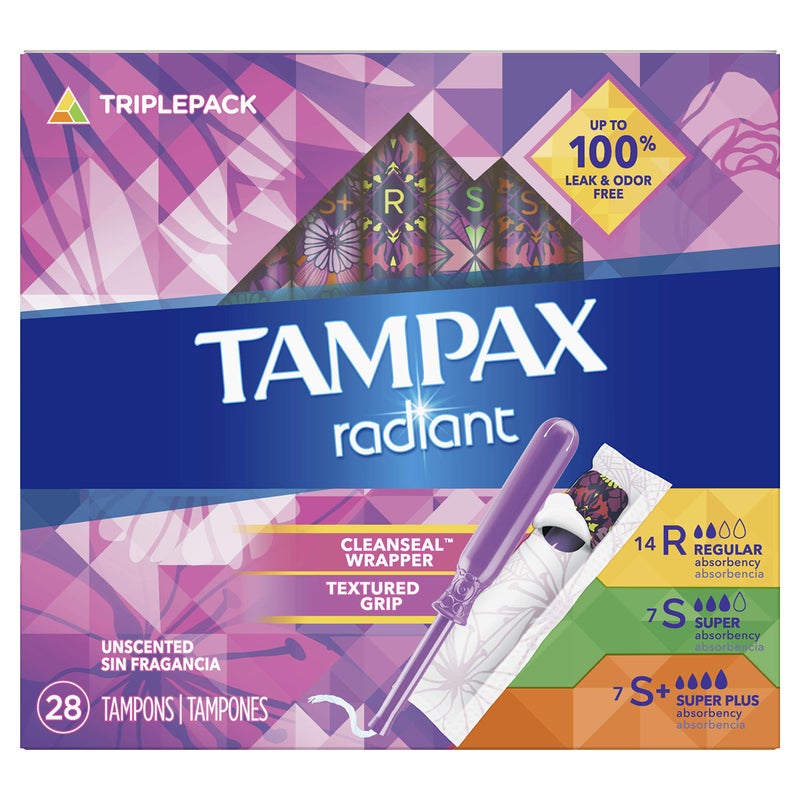 Tampax Radiant Tampons Trio Pack Regular/Super/Super Plus Absorbency, Unscented, 28 Count - Image 1